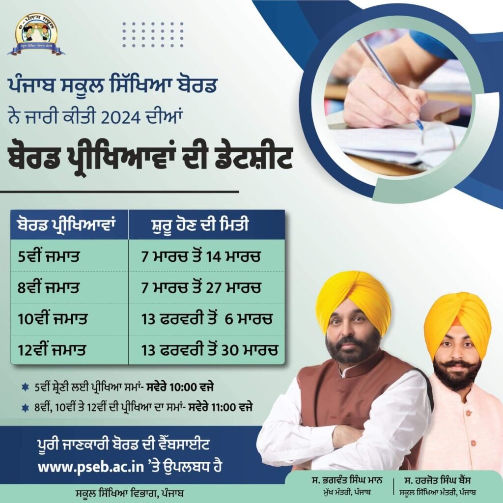 PSEB Datesheet of Punjab School Education Board Exams