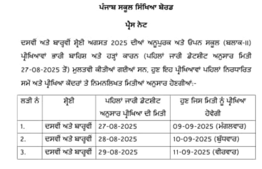 09 ਸਤੰਬਰ ਤੋਂ ਦਸਵੀਂ ਅਤੇ ਬਾਰ੍ਹਵੀਂ – ਅਨੂਪੁਰਕ ਅਤੇ ਓਪਨ ਸਕੂਲ (ਬਲਾਕ-II) ਪ੍ਰੀਖਿਆਵਾਂ ਸ਼ੁਰੂ