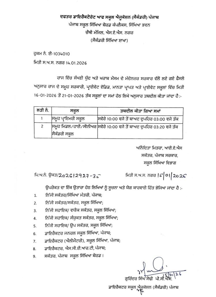 Punjab Schools Timing Update: Classes to Start at 10 AM Amid Adverse Weather