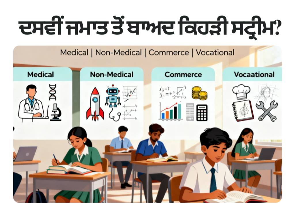 ਕਲਾਸ 10ਵੀਂ ਤੋਂ ਬਾਅਦ ਕਿਹੜਾ ਸਟਰੀਮ ਚੁਣੀਏ? ਵਿਦਿਆਰਥੀਆਂ ਲਈ ਪੂਰੀ ਗਾਈਡ, which stream after class 10