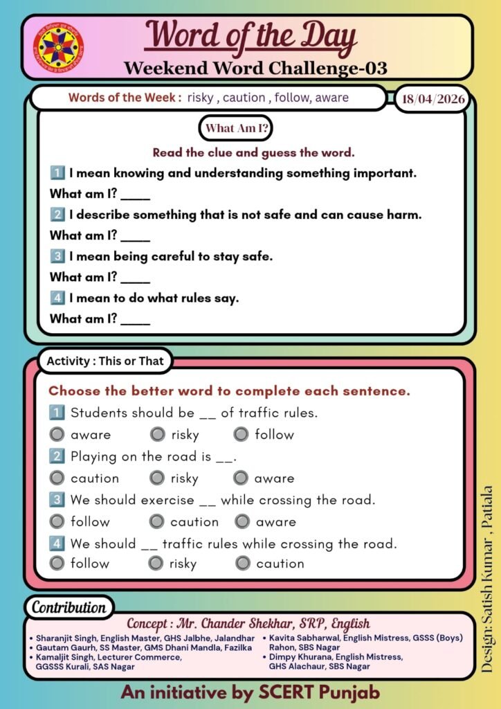 Word of the day, weekend Word challange sheet