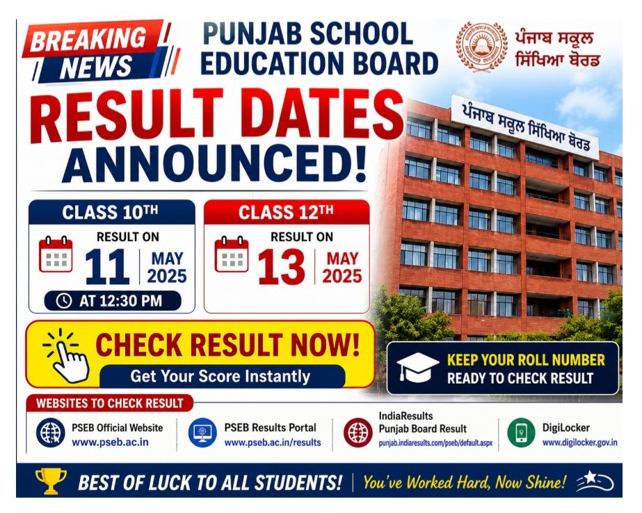 Punjab School Education Board to Declare Class 10 and 12 Results 12 Punjab Board Result 2026 PSEB Result Date Class 10 Result 2026 Class 12 Result 2026 Punjab Board News PSEB Latest Update Board Exam Result Result Declared Check Result Online PSEB Mohali IndiaResults PSEB DigiLocker Results Punjab Education News Breaking News Punjab Students Result Update PSEB 10th Result PSEB 12th Result Punjab Board Exams