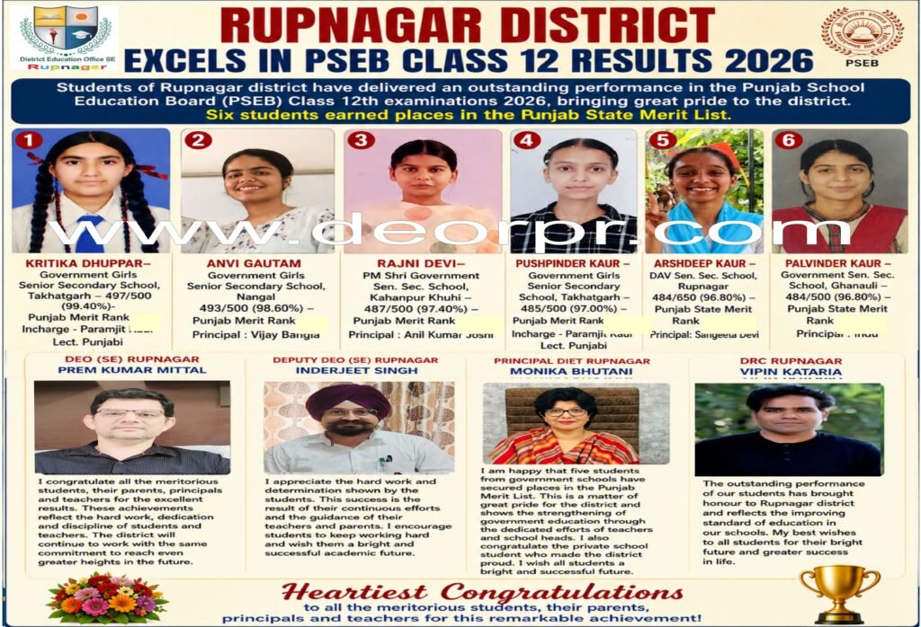 DEO Prem Kumar Mittal Congratulates Students as Rupnagar Excels in PSEB Class 12 Results 2026, PSEB Class 12 Results 2026