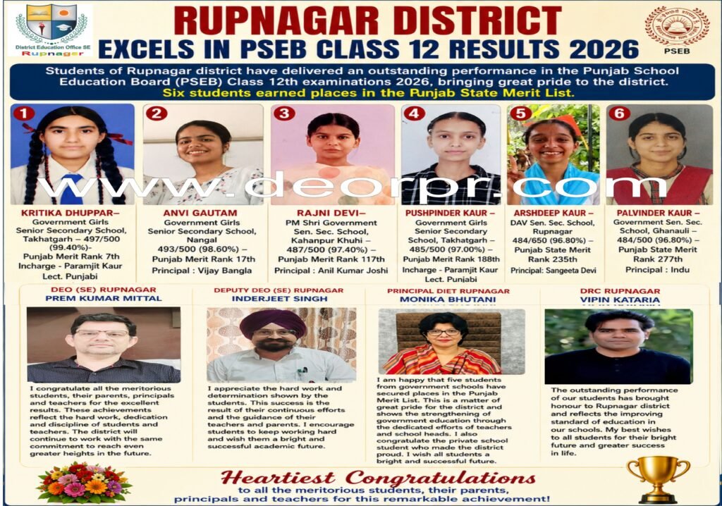 DEO Prem Kumar Mittal Congratulates Students as Rupnagar Excels in PSEB Class 12 Results 2026, PSEB Class 12 Results 2026
