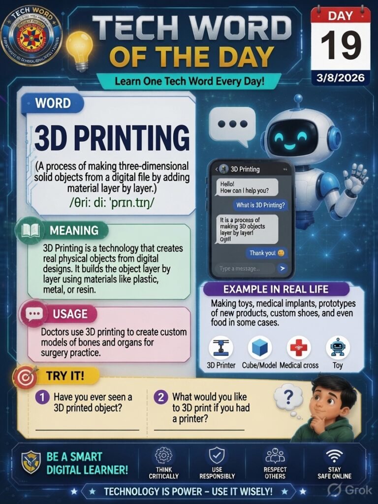 ਅੱਜ ਦਾ ਟੈਕ ਸ਼ਬਦ: 3D PRINTING (3D ਪ੍ਰਿੰਟਿੰਗ) ਅਰਥ: ਡਿਜ਼ੀਟਲ ਡਿਜ਼ਾਈਨ ਦੀ ਮਦਦ ਨਾਲ ਪਰਤ-ਦਰ-ਪਰਤ ਸਮੱਗਰੀ ਜੋੜ ਕੇ ਤਿੰਨ-ਅਯਾਮੀ (3D) ਠੋਸ ਵਸਤੂਆਂ ਬਣਾਉਣ ਦੀ ਪ੍ਰਕਿਰਿਆ। ਉਦਾਹਰਨ: 3D ਪ੍ਰਿੰਟਿੰਗ ਦੀ ਵਰਤੋਂ ਮਾਡਲ, ਔਜ਼ਾਰ ਅਤੇ ਪ੍ਰੋਟੋਟਾਈਪ ਬਣਾਉਣ ਲਈ ਕੀਤੀ ਜਾਂਦੀ ਹੈ।