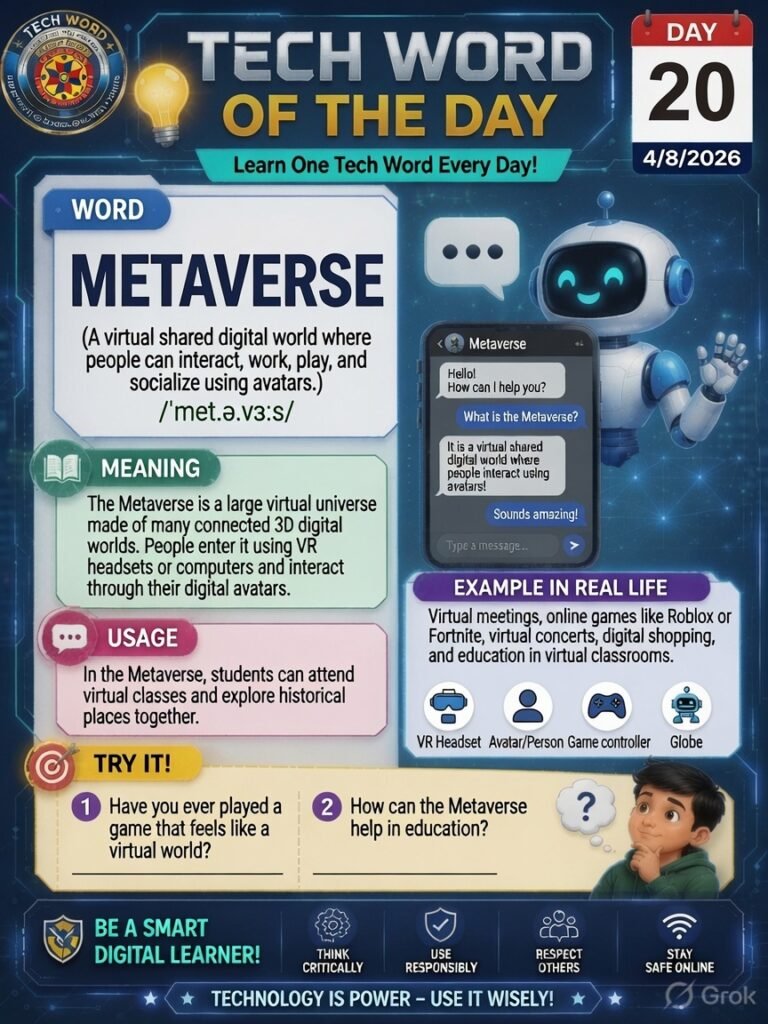 Metaverse word of the day ਮੈਟਾਵਰਸ — ਇੱਕ ਵਰਚੁਅਲ 3D ਦੁਨੀਆ, ਜਿੱਥੇ ਲੋਕ ਡਿਜੀਟਲ ਅਵਤਾਰ ਰਾਹੀਂ ਆਪਸ ਵਿੱਚ ਗੱਲਬਾਤ ਅਤੇ ਵੱਖ-ਵੱਖ ਗਤੀਵਿਧੀਆਂ ਕਰ ਸਕਦੇ ਹਨ।