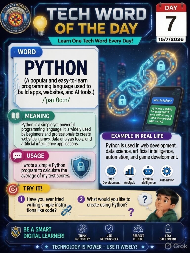 Python (ਪਾਇਥਨ): ਇੱਕ ਆਸਾਨ ਅਤੇ ਲੋਕਪ੍ਰਿਯ ਪ੍ਰੋਗ੍ਰਾਮਿੰਗ ਭਾਸ਼ਾ, ਜਿਸਦੀ ਵਰਤੋਂ ਸਾਫਟਵੇਅਰ, ਵੈੱਬਸਾਈਟਾਂ, ਮੋਬਾਈਲ ਐਪਾਂ, ਆਟੋਮੇਸ਼ਨ ਅਤੇ Artificial Intelligence (AI) ਬਣਾਉਣ ਲਈ ਕੀਤੀ ਜਾਂਦੀ ਹੈ।
