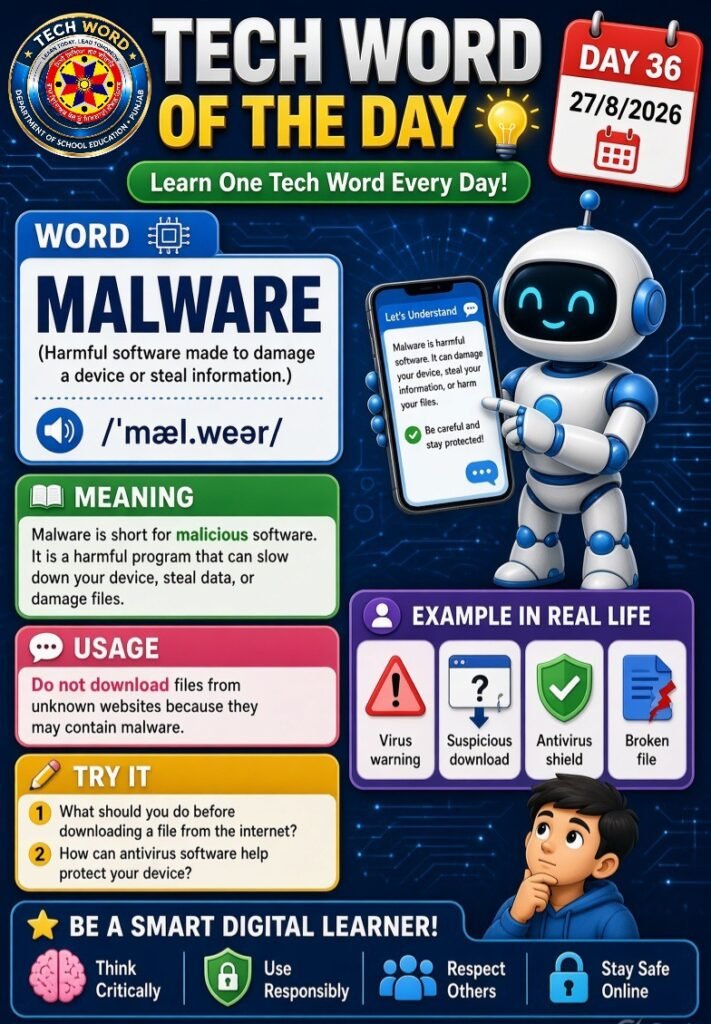 ਮਾਲਵੇਅਰ (MALWARE) (ਨੁਕਸਾਨਦਾਇਕ ਸਾਫਟਵੇਅਰ ਜੋ ਡਿਵਾਈਸ ਨੂੰ ਨੁਕਸਾਨ ਪਹੁੰਚਾਉਣ ਜਾਂ ਜਾਣਕਾਰੀ ਚੋਰੀ ਕਰਨ ਲਈ ਬਣਾਇਆ ਜਾਂਦਾ ਹੈ) ਉਚਾਰਨ: /ˈmæl.weər/ ਅਰਥ: ਮਾਲਵੇਅਰ ਦਾ ਮਤਲਬ ਹੈ ਨੁਕਸਾਨਦਾਇਕ ਸਾਫਟਵੇਅਰ (Malicious Software)। ਇਹ ਇੱਕ ਹਾਨੀਕਾਰਕ ਪ੍ਰੋਗਰਾਮ ਹੈ ਜੋ ਤੁਹਾਡੀ ਡਿਵਾਈਸ ਨੂੰ ਹੌਲੀ ਕਰ ਸਕਦਾ ਹੈ, ਡਾਟਾ ਚੋਰੀ ਕਰ ਸਕਦਾ ਹੈ ਜਾਂ ਫਾਈਲਾਂ ਨੂੰ ਨੁਕਸਾਨ ਪਹੁੰਚਾ ਸਕਦਾ ਹੈ। ਵਰਤੋਂ: ਅਣਜਾਣ ਵੈੱਬਸਾਈਟਾਂ ਤੋਂ ਫਾਈਲਾਂ ਡਾਊਨਲੋਡ ਨਾ ਕਰੋ, ਕਿਉਂਕਿ ਉਨ੍ਹਾਂ ਵਿੱਚ ਮਾਲਵੇਅਰ ਹੋ ਸਕਦਾ ਹੈ।
