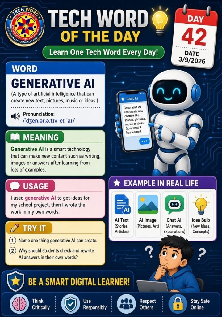 Tech Word of the Day: Learn One Technology Word Every Day 1 ਜਨਰੇਟਿਵ ਏਆਈ (GENERATIVE AI) (ਇੱਕ ਕਿਸਮ ਦੀ ਆਰਟੀਫੀਸ਼ੀਅਲ ਇੰਟੈਲੀਜੈਂਸ ਜੋ ਨਵਾਂ ਟੈਕਸਟ, ਤਸਵੀਰਾਂ, ਸੰਗੀਤ ਜਾਂ ਵਿਚਾਰ ਬਣਾ ਸਕਦੀ ਹੈ) ਉਚਾਰਨ: /ˈdʒen.ər.ə.tɪv eɪ ˈaɪ/ ਅਰਥ: ਜਨਰੇਟਿਵ ਏਆਈ ਇੱਕ ਸਮਾਰਟ ਤਕਨਾਲੋਜੀ ਹੈ ਜੋ ਬਹੁਤ ਸਾਰੀਆਂ ਉਦਾਹਰਨਾਂ ਤੋਂ ਸਿੱਖ ਕੇ ਨਵੀਂ ਸਮੱਗਰੀ ਬਣਾ ਸਕਦੀ ਹੈ — ਜਿਵੇਂ ਲਿਖਤ, ਤਸਵੀਰਾਂ ਜਾਂ ਜਵਾਬ। ਵਰਤੋਂ: ਮੈਂ ਆਪਣੇ ਸਕੂਲ ਪ੍ਰੋਜੈਕਟ ਲਈ ਵਿਚਾਰ ਲੈਣ ਵਾਸਤੇ ਜਨਰੇਟਿਵ ਏਆਈ ਵਰਤੀ, ਫਿਰ ਕੰਮ ਆਪਣੇ ਸ਼ਬਦਾਂ ਵਿੱਚ ਲਿਖਿਆ। ਅਸਲ ਜੀਵਨ ਵਿੱਚ ਉਦਾਹਰਨਾਂ: ਏਆਈ ਟੈਕਸਟ (ਕਹਾਣੀਆਂ, ਲੇਖ) ਏਆਈ ਤਸਵੀਰਾਂ ਚੈਟ ਏਆਈ (ਜਵਾਬ, ਸਮਝਾਉਣਾ) ਨਵੇਂ ਵਿਚਾਰ ਅਜ਼ਮਾਓ: ਜਨਰੇਟਿਵ ਏਆਈ ਕਿਹੜੀ ਇੱਕ ਚੀਜ਼ ਬਣਾ ਸਕਦੀ ਹੈ? ਵਿਦਿਆਰਥੀਆਂ ਨੂੰ ਏਆਈ ਦੇ ਜਵਾਬ ਚੈੱਕ ਕਰਕੇ ਆਪਣੇ ਸ਼ਬਦਾਂ ਵਿੱਚ ਕਿਉਂ ਲਿਖਣੇ ਚਾਹੀਦੇ ਹਨ?