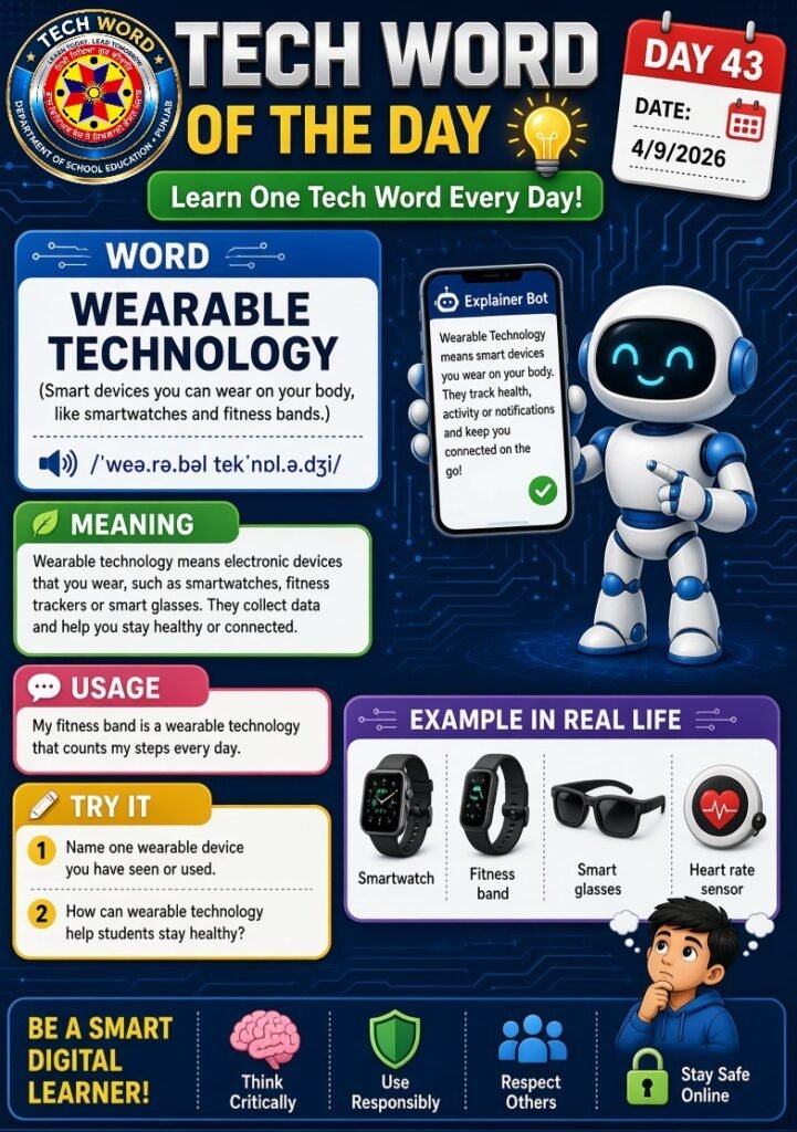 Tech Word of the Day: Learn One Technology Word Every Day 16 ਵੀਅਰੇਬਲ ਟੈਕਨਾਲੋਜੀ (WEARABLE TECHNOLOGY) (ਸਮਾਰਟ ਡਿਵਾਈਸਾਂ ਜੋ ਤੁਸੀਂ ਆਪਣੇ ਸਰੀਰ ਉੱਤੇ ਪਹਿਨ ਸਕਦੇ ਹੋ, ਜਿਵੇਂ ਸਮਾਰਟਵਾਚ ਅਤੇ ਫਿਟਨੈੱਸ ਬੈਂਡ) ਉਚਾਰਨ: /ˈweə.rə.bəl tekˈnɒl.ə.dʒi/ ਅਰਥ: ਵੀਅਰੇਬਲ ਟੈਕਨਾਲੋਜੀ ਦਾ ਮਤਲਬ ਹੈ ਉਹ ਇਲੈਕਟ੍ਰਾਨਿਕ ਡਿਵਾਈਸਾਂ ਜੋ ਤੁਸੀਂ ਪਹਿਨਦੇ ਹੋ, ਜਿਵੇਂ ਸਮਾਰਟਵਾਚ, ਫਿਟਨੈੱਸ ਟ੍ਰੈਕਰ ਜਾਂ ਸਮਾਰਟ ਐਨਕਾਂ। ਇਹ ਡਾਟਾ ਇਕੱਠਾ ਕਰਦੀਆਂ ਹਨ ਅਤੇ ਤੁਹਾਨੂੰ ਸਿਹਤਮੰਦ ਜਾਂ ਕਨੈਕਟਿਡ ਰੱਖਣ ਵਿੱਚ ਮਦਦ ਕਰਦੀਆਂ ਹਨ। ਵਰਤੋਂ: ਮੇਰਾ ਫਿਟਨੈੱਸ ਬੈਂਡ ਇੱਕ ਵੀਅਰੇਬਲ ਟੈਕਨਾਲੋਜੀ ਹੈ ਜੋ ਹਰ ਰੋਜ਼ ਮੇਰੇ ਕਦਮ ਗਿਣਦਾ ਹੈ। ਅਸਲ ਜੀਵਨ ਵਿੱਚ ਉਦਾਹਰਨਾਂ: ਸਮਾਰਟਵਾਚ ਫਿਟਨੈੱਸ ਬੈਂਡ ਸਮਾਰਟ ਐਨਕਾਂ ਹਾਰਟ ਰੇਟ ਸੈਂਸਰ ਅਜ਼ਮਾਓ: ਤੁਸੀਂ ਕਿਹੜੀ ਵੀਅਰੇਬਲ ਡਿਵਾਈਸ ਦੇਖੀ ਜਾਂ ਵਰਤੀ ਹੈ? ਵੀਅਰੇਬਲ ਟੈਕਨਾਲੋਜੀ ਵਿਦਿਆਰਥੀਆਂ ਨੂੰ ਸਿਹਤਮੰਦ ਰਹਿਣ ਵਿੱਚ ਕਿਵੇਂ ਮਦਦ ਕਰ ਸਕਦੀ ਹੈ? Word of the day