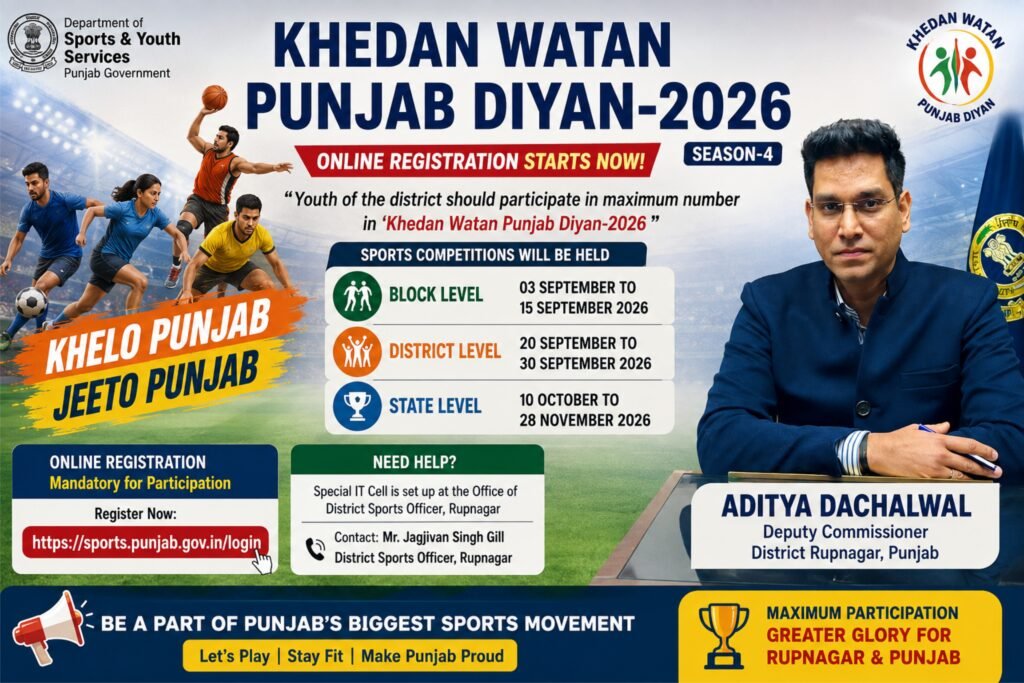 ਖੇਡਾਂ ਵਤਨ ਪੰਜਾਬ ਦੀਆਂ–2026' 'ਚ ਜ਼ਿਲ੍ਹੇ ਦੇ ਨੌਜਵਾਨ ਵੱਧ ਤੋਂ ਵੱਧ ਭਾਗ ਲੈਣ: ਡਿਪਟੀ ਕਮਿਸ਼ਨਰ ਅਦਿੱਤਿਆ ਡੇਚਲਵਾਲ 4 Aditya Dachalwal, Deputy Commissioner,District Rupnagar, Punjab