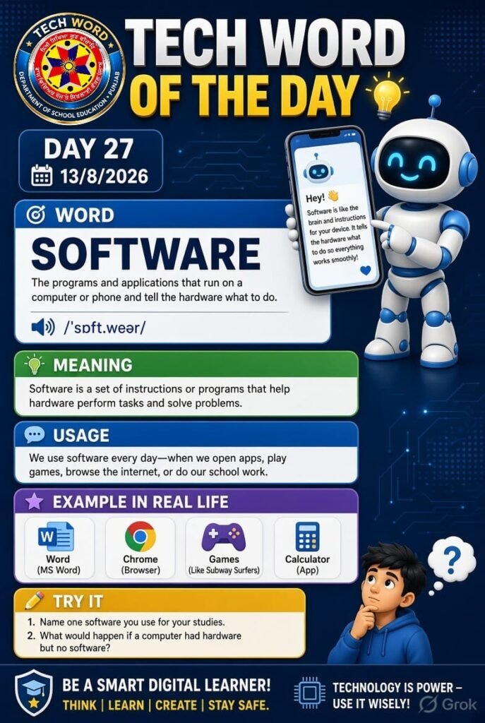 Tech Word of the Day: Learn One Technology Word Every Day 11 Software (ਸਾਫਟਵੇਅਰ) ਉਹ ਪ੍ਰੋਗਰਾਮਾਂ ਅਤੇ ਨਿਰਦੇਸ਼ਾਂ ਦਾ ਸਮੂਹ ਹੈ ਜੋ ਕੰਪਿਊਟਰ ਨੂੰ ਕੰਮ ਕਰਨ ਲਈ ਦੱਸਦਾ ਹੈ। ਉਦਾਹਰਨਾਂ: Windows MS Word Google Chrome Photoshop VLC Media Player ਮੁੱਖ ਕਿਸਮਾਂ: System Software – ਜਿਵੇਂ Windows, Linux Application Software – ਜਿਵੇਂ MS Word, PowerPoint, Chrome