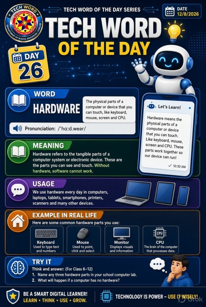 💻 ਅੱਜ ਦਾ ਤਕਨੀਕੀ ਸ਼ਬਦ: HARDWARE (ਹਾਰਡਵੇਅਰ) ਅਰਥ: ਹਾਰਡਵੇਅਰ ਕੰਪਿਊਟਰ ਦੇ ਉਹ ਭੌਤਿਕ ਹਿੱਸੇ ਹਨ, ਜਿਨ੍ਹਾਂ ਨੂੰ ਅਸੀਂ ਦੇਖ ਅਤੇ ਛੂਹ ਸਕਦੇ ਹਾਂ। ਉਦਾਹਰਨਾਂ: 🖥️ ⌨️ ਕੀ-ਬੋਰਡ | 🖱️ ਮਾਊਸ | 🖥️ ਮਾਨੀਟਰ | 🖨️ ਪ੍ਰਿੰਟਰ | 💻 CPU ਵਾਕ: 👉 ਕੀ-ਬੋਰਡ ਕੰਪਿਊਟਰ ਦਾ ਇੱਕ ਹਾਰਡਵੇਅਰ ਯੰਤਰ ਹੈ। ਯਾਦ ਰੱਖੋ: 🔹 Hardware = ਜਿਸਨੂੰ ਛੂਹ ਸਕੀਏ 🔹 Software = ਜਿਸਨੂੰ ਛੂਹ ਨਹੀਂ ਸਕੀਏ