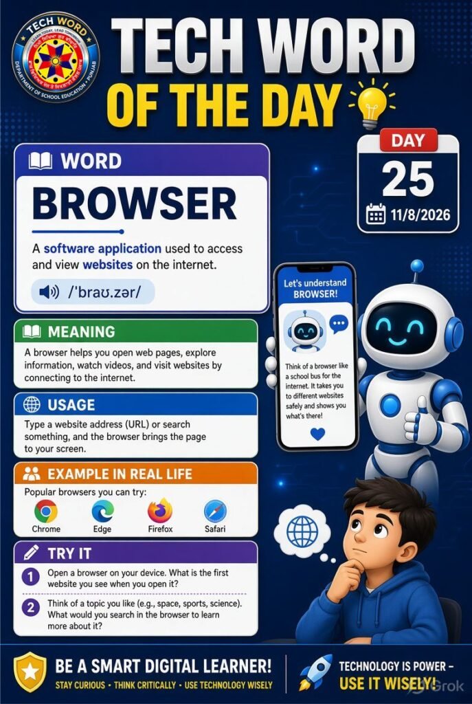 Tech Word of the Day: Learn One Technology Word Every Day 7 Browser = ਬ੍ਰਾਊਜ਼ਰ / ਵੈੱਬ ਬ੍ਰਾਊਜ਼ਰ ਸੌਖੇ ਸ਼ਬਦਾਂ ਵਿੱਚ: 👉 ਵੈੱਬ ਬ੍ਰਾਊਜ਼ਰ ਉਹ ਸਾਫਟਵੇਅਰ ਹੈ ਜਿਸ ਦੀ ਮਦਦ ਨਾਲ ਅਸੀਂ Internet ਉੱਤੇ ਵੈੱਬਸਾਈਟਾਂ ਅਤੇ ਵੈੱਬ ਪੇਜ ਖੋਲ੍ਹਦੇ ਅਤੇ ਵੇਖਦੇ ਹਾਂ। 📚 ਉਦਾਹਰਨਾਂ: Google Chrome — ਗੂਗਲ ਕਰੋਮ Microsoft Edge — ਮਾਈਕ੍ਰੋਸਾਫਟ ਐਜ Mozilla Firefox — ਮੋਜ਼ੀਲਾ ਫਾਇਰਫਾਕਸ Safari — ਸਫਾਰੀ 👨🏫 Class 6 ਲਈ ਇੱਕ ਲਾਈਨ: “ਬ੍ਰਾਊਜ਼ਰ ਇੱਕ ਐਸਾ ਸਾਫਟਵੇਅਰ ਹੈ ਜੋ ਸਾਨੂੰ Internet ਉੱਤੇ ਵੈੱਬਸਾਈਟਾਂ ਖੋਲ੍ਹਣ ਅਤੇ ਜਾਣਕਾਰੀ ਵੇਖਣ ਵਿੱਚ ਮਦਦ ਕਰਦਾ ਹੈ।”