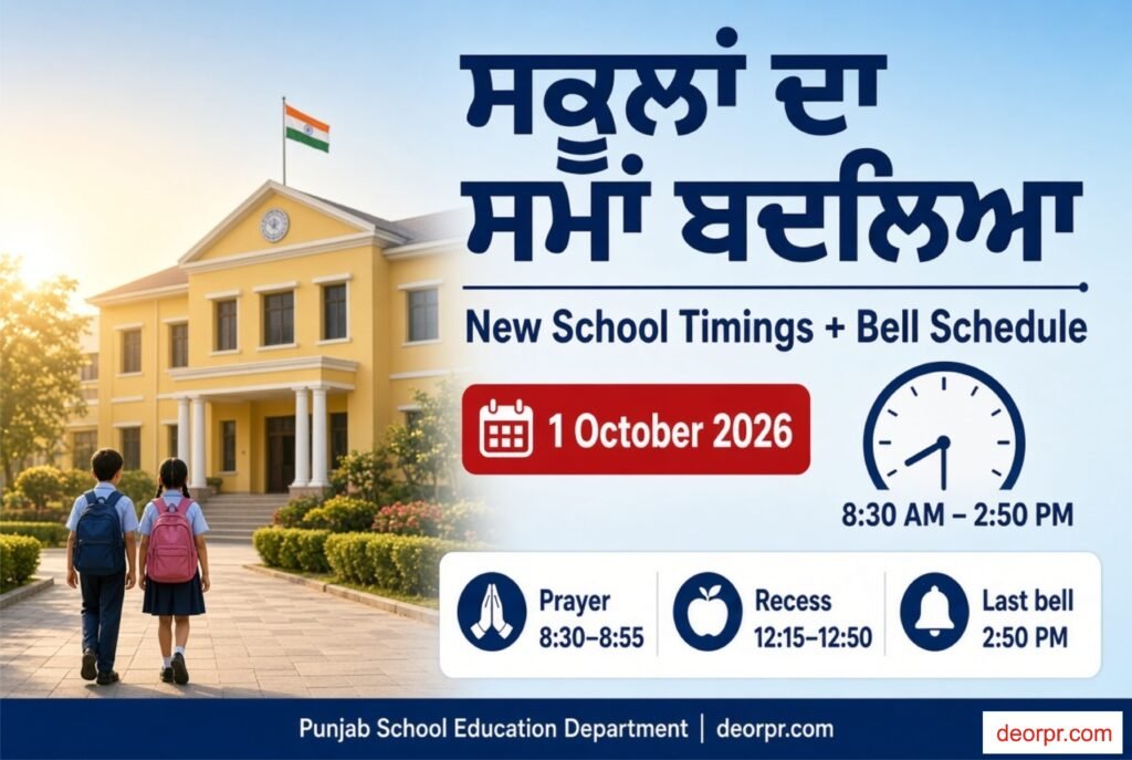 1 ਅਕਤੂਬਰ ਤੋਂ ਪੰਜਾਬ ਦੇ ਸਕੂਲਾਂ ਦਾ ਸਮਾਂ ਬਦਲਿਆ – 8:30 ਤੋਂ 2:50, ਘੰਟੀ ਦਾ ਸਮਾਂ ਜਾਰੀ 5 Punjab School Timings Changed from 1 October 2026: New Schedule 8:30 AM to 2:50 PM with Full Bell Timings