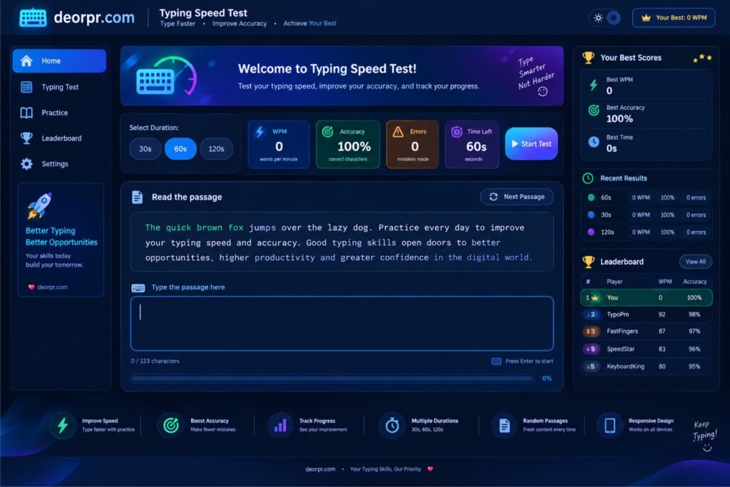 15-, 30-, 60-, and 120-second tests. Live WPM, accuracy, errors, and progress. Green and red character highlighting as users type. English practice passages and difficulty levels. typing speed test A countdown timer, restart button, and random passages. A results screen with performance feedback and a personal-best score saved in the browser. No external libraries or paid APIs required