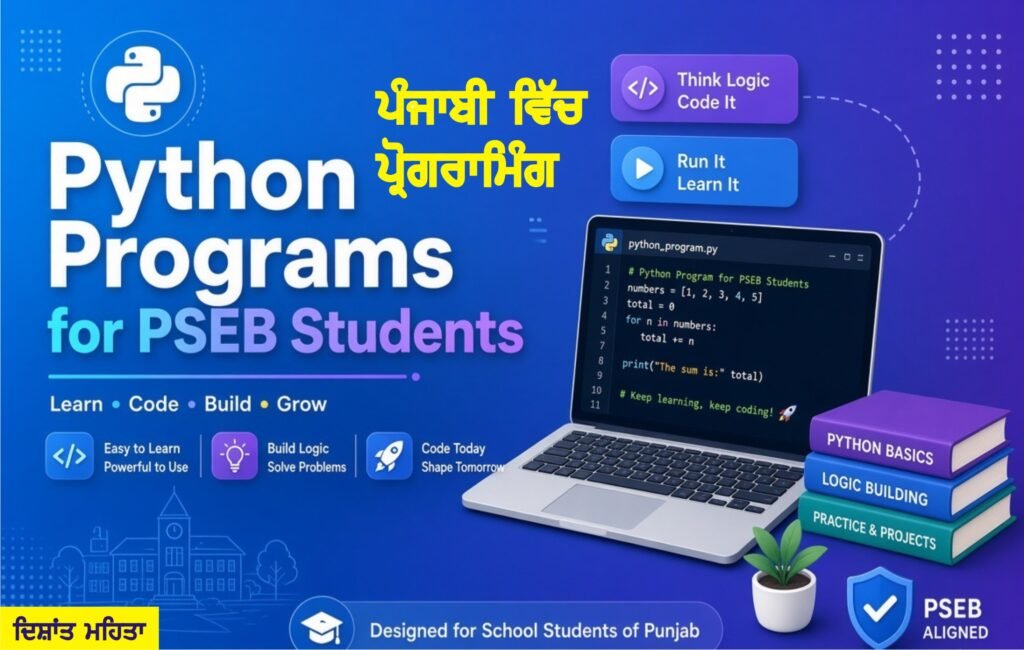 Python Programs for PSEB Students 2026 Class 11 & 12 Computer Science, ਪਾਇਥਨ ਪ੍ਰੋਗਰਾਮ 2026